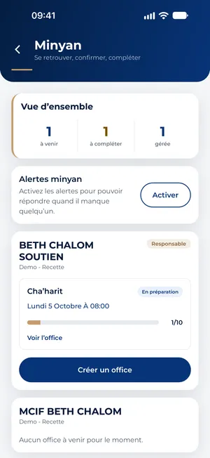 Écran Minyan de l’application : offices à venir et confirmations