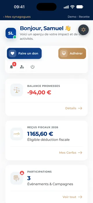 Espace donateur dans l’application : promesses, reçus fiscaux et participations